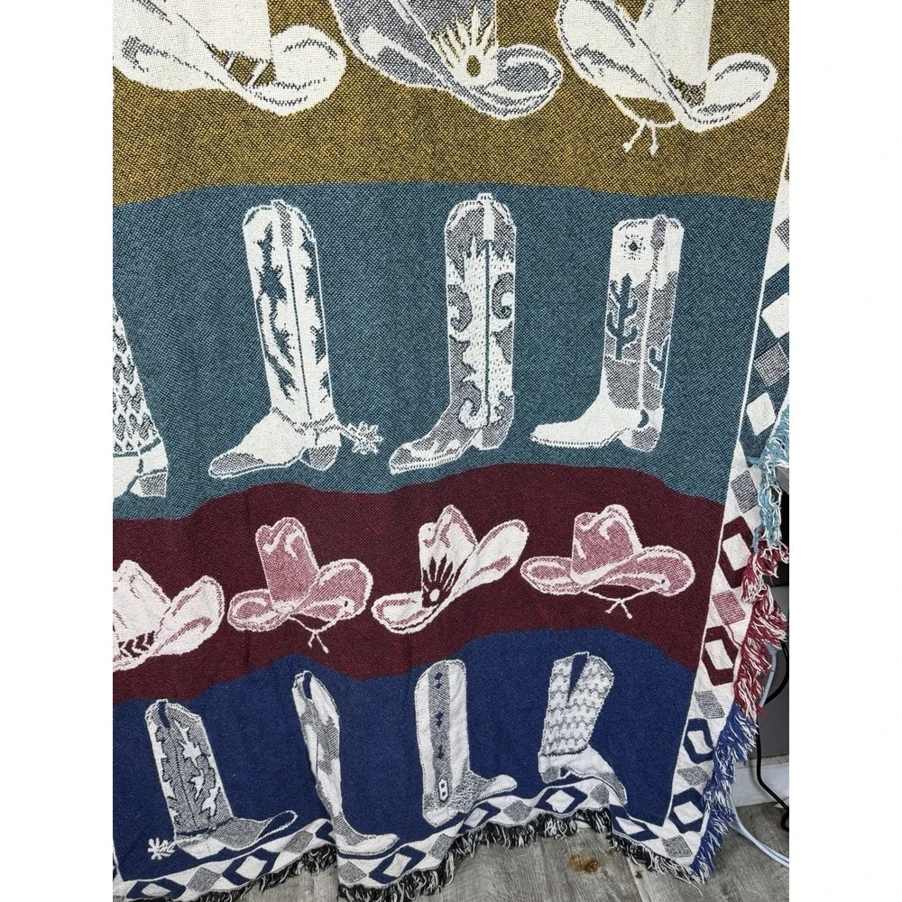 Vintage Western Cowboy Boots Tapestry Afghan Fringe Throw Cowgirl Ranch Decor